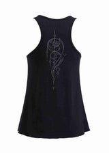 Black tank top with a decorative design on the back against a white background