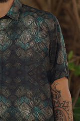 mens button up bamboo shirt with emerald scale print