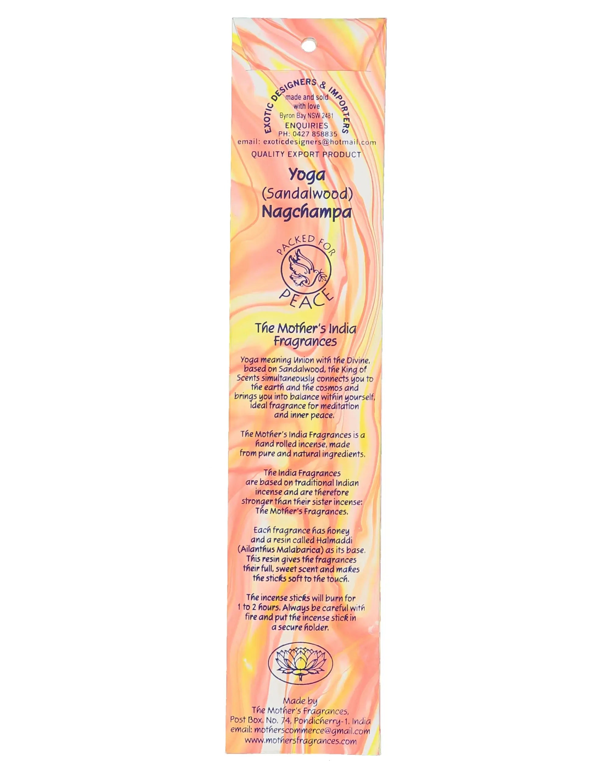 Sandalwood (Yoga) Nagchampa Real Incense by The Mother's India Fragrances Tantrika Australia