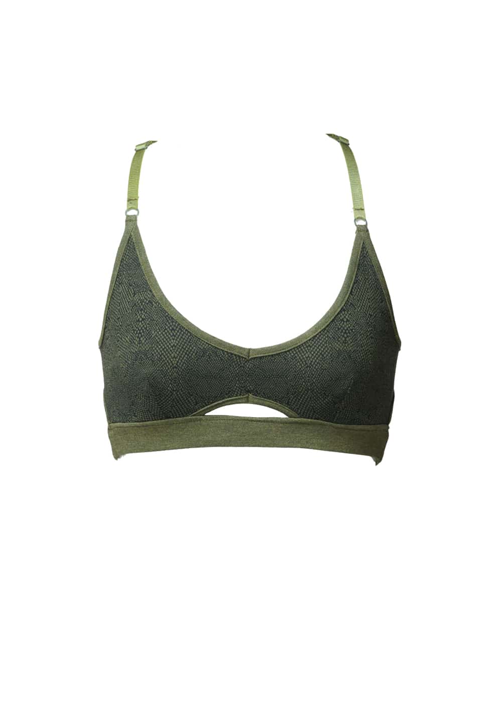 Nomads Hemp Wear Bamboo Temptress Bra Bralette in green python print, ecofriendly sustainable ethical fashion brand Tantrika Australia