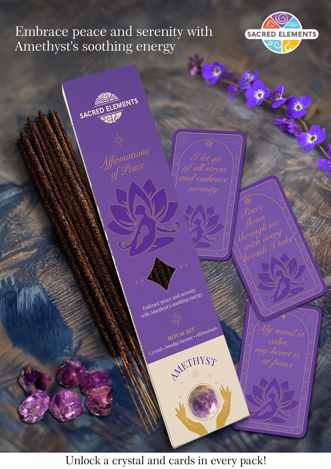 Amethyst- Affirmation of Peace Crystal Smudge Incense Kit