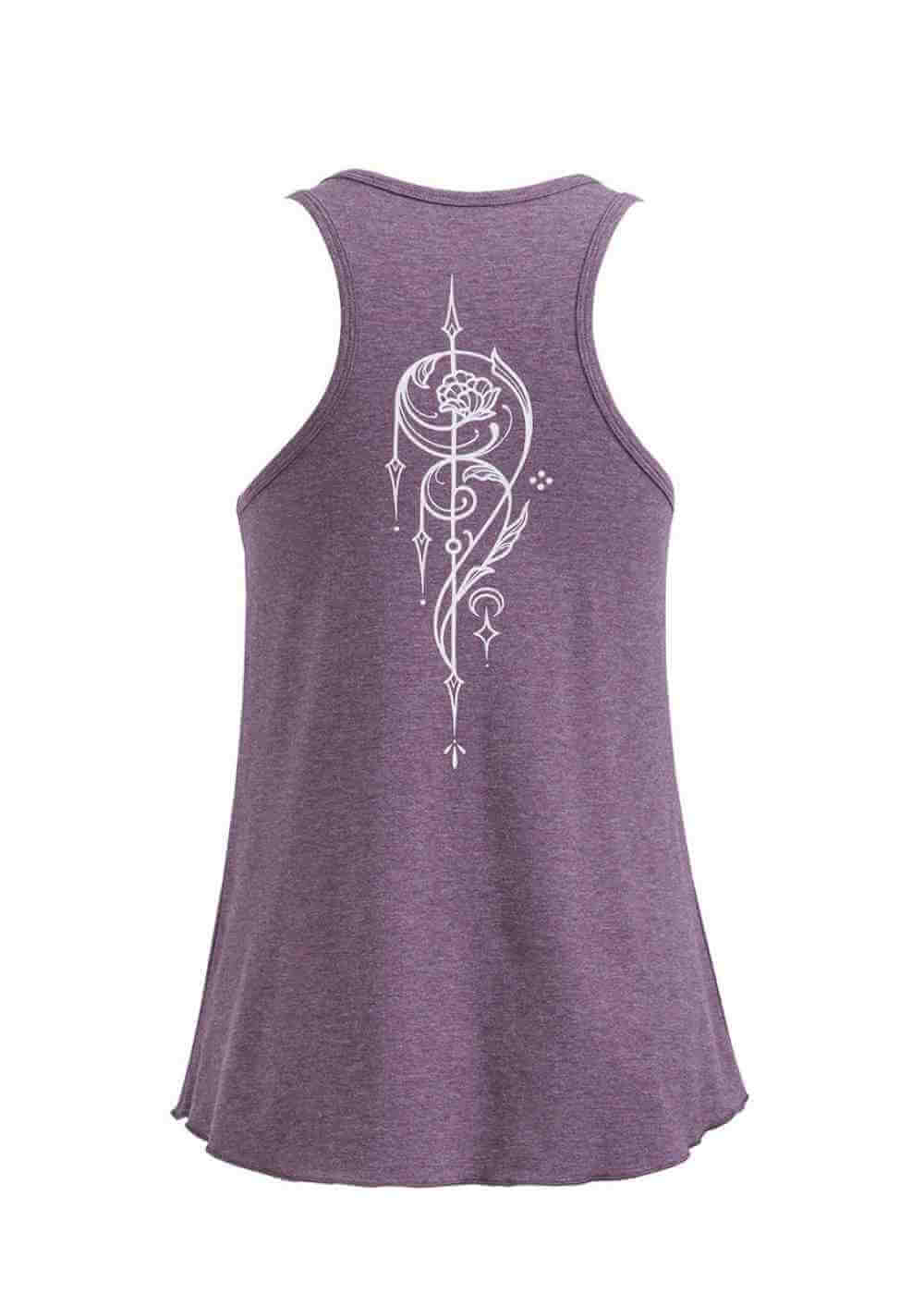 Purple tank top with white decorative design on the back against a white background