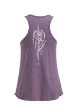 Purple tank top with white decorative design on the back against a white background