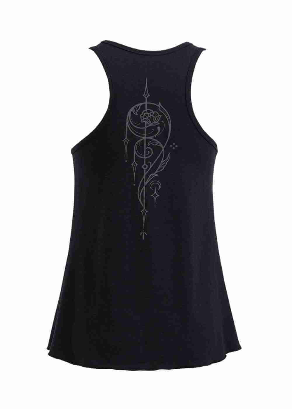 Black tank top with a decorative design on the back against a white background