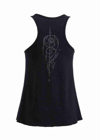 Black tank top with a decorative design on the back against a white background