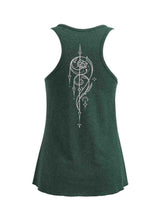 Green tank top with a white floral design on the back against a white background