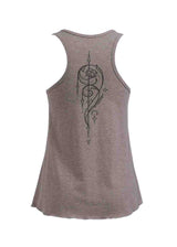 Gray tank top with a black design on the back against a white background