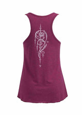 Maroon tank top with white abstract design on a white background