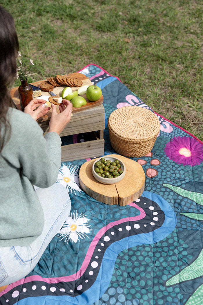 Indigenous Art Folding Picnic Rug - Bush Tucker Gathering
