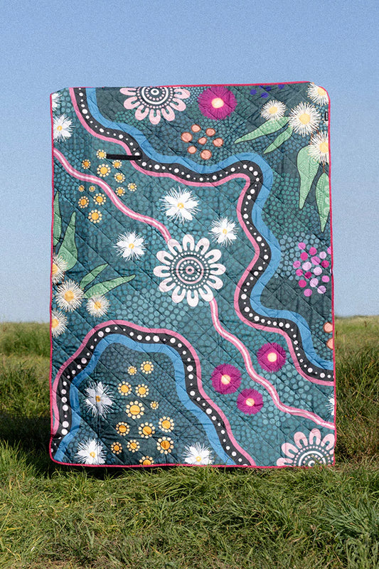 Indigenous Art Folding Picnic Rug - Bush Tucker Gathering