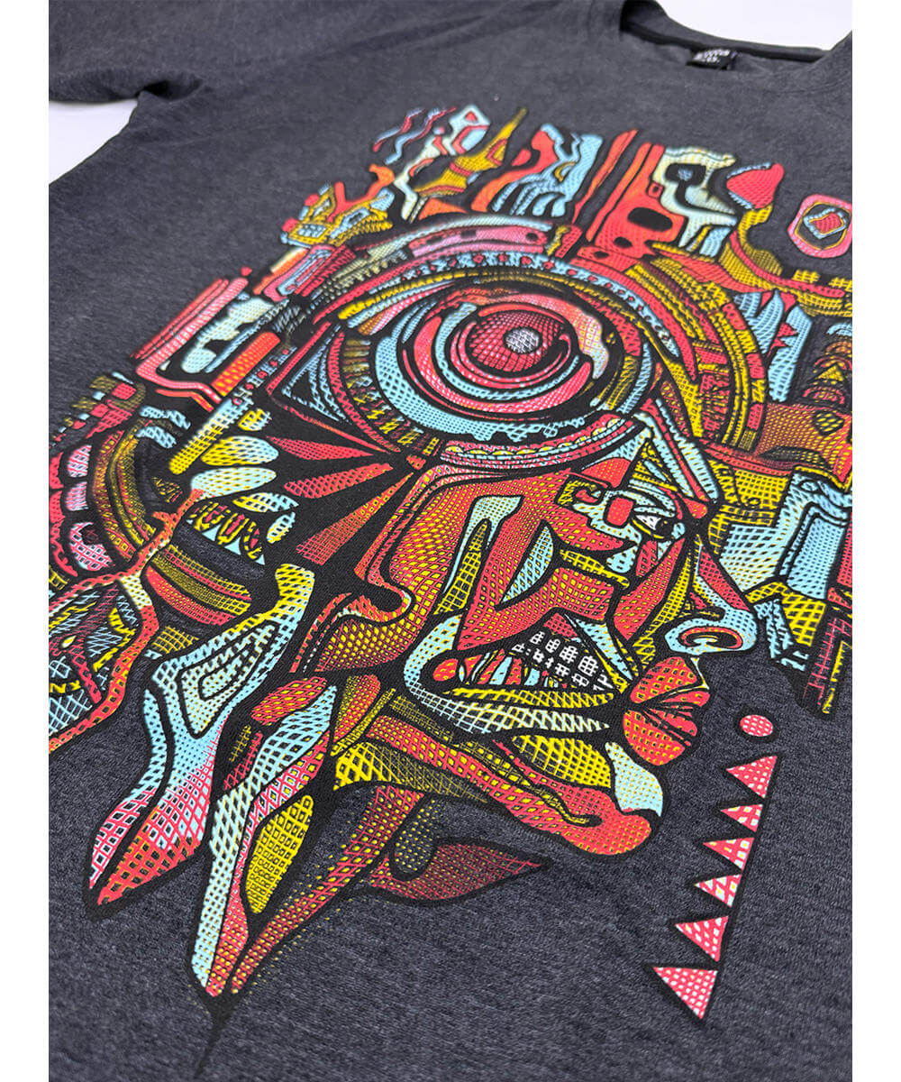 Black t-shirt with a colorful abstract design on a white background