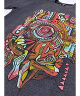 Black t-shirt with a colorful abstract design on a white background