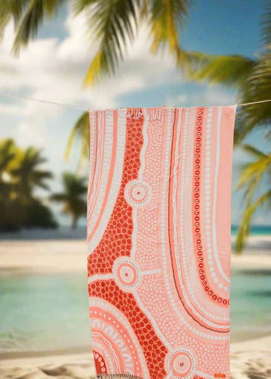 indigenous art on a turkish cotton beach towel