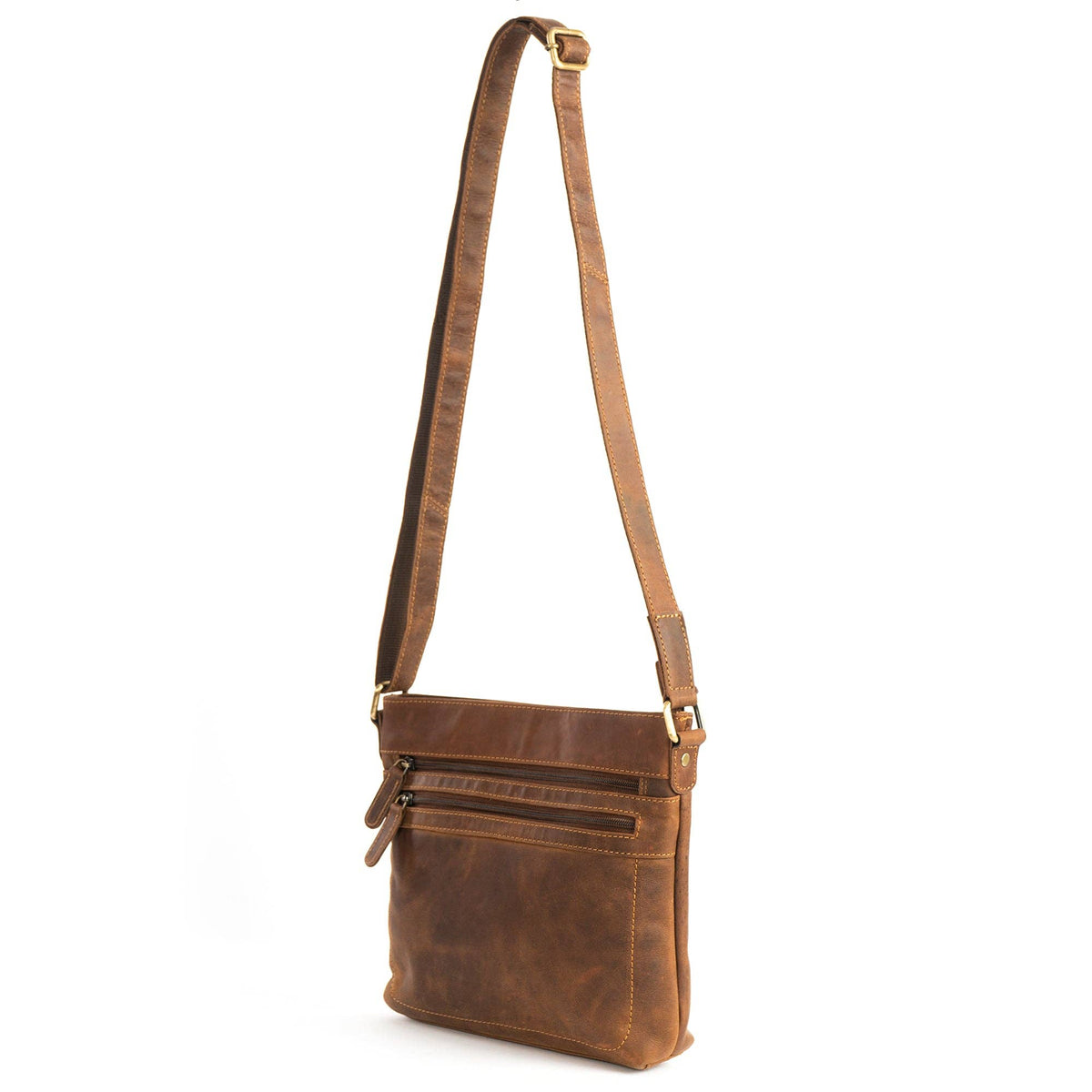 Brown leather crossbody bag on a white background