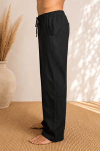 Draw String Hemp Pants-Black
