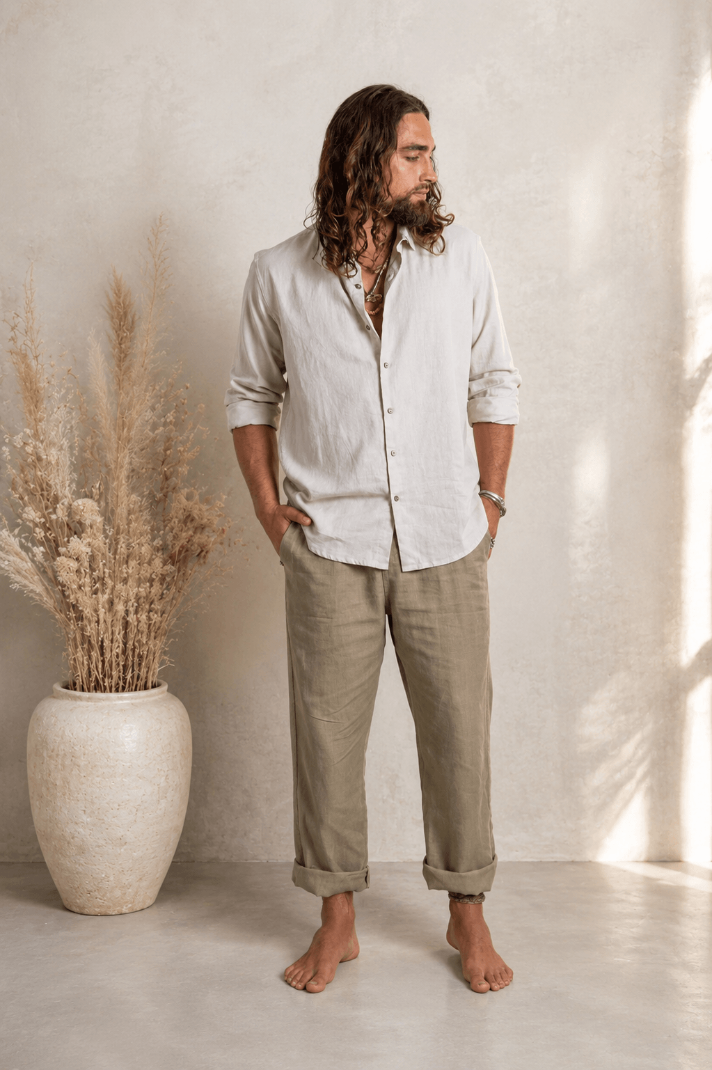 Draw String Hemp Pants-Olive