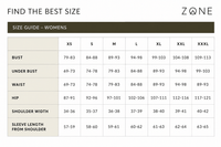 Zone size guide for women with measurement ranges.