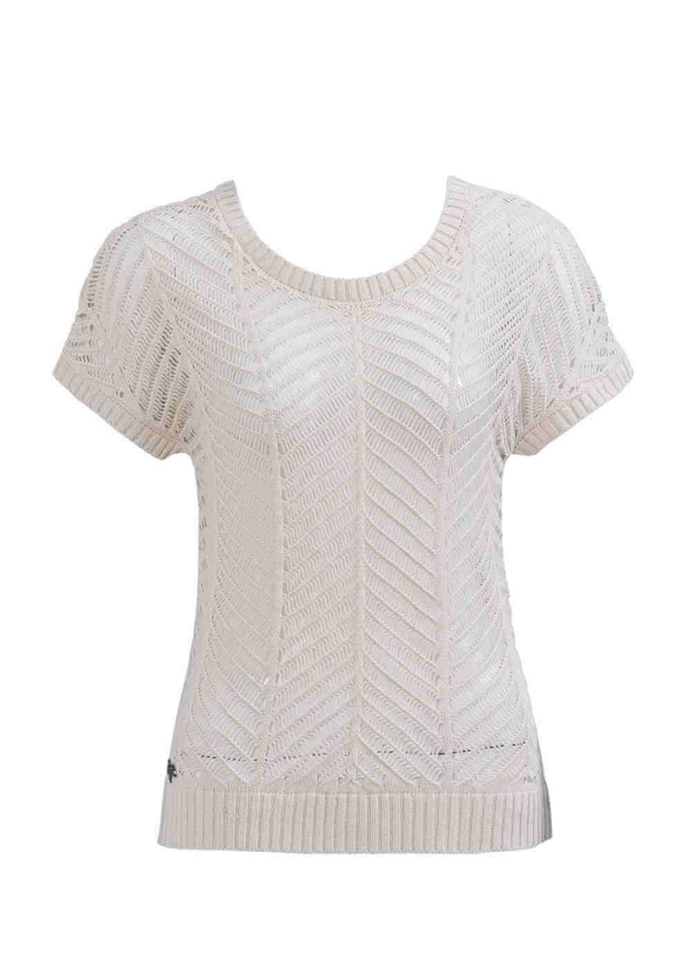 Beige knitted short-sleeve sweater on a white background