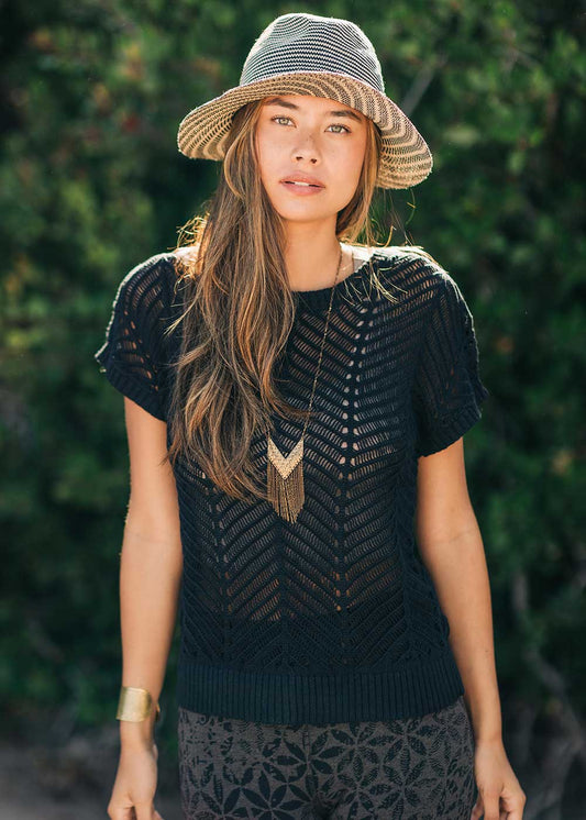 Woman wearing a black patterned top and straw hat against a blurred green background