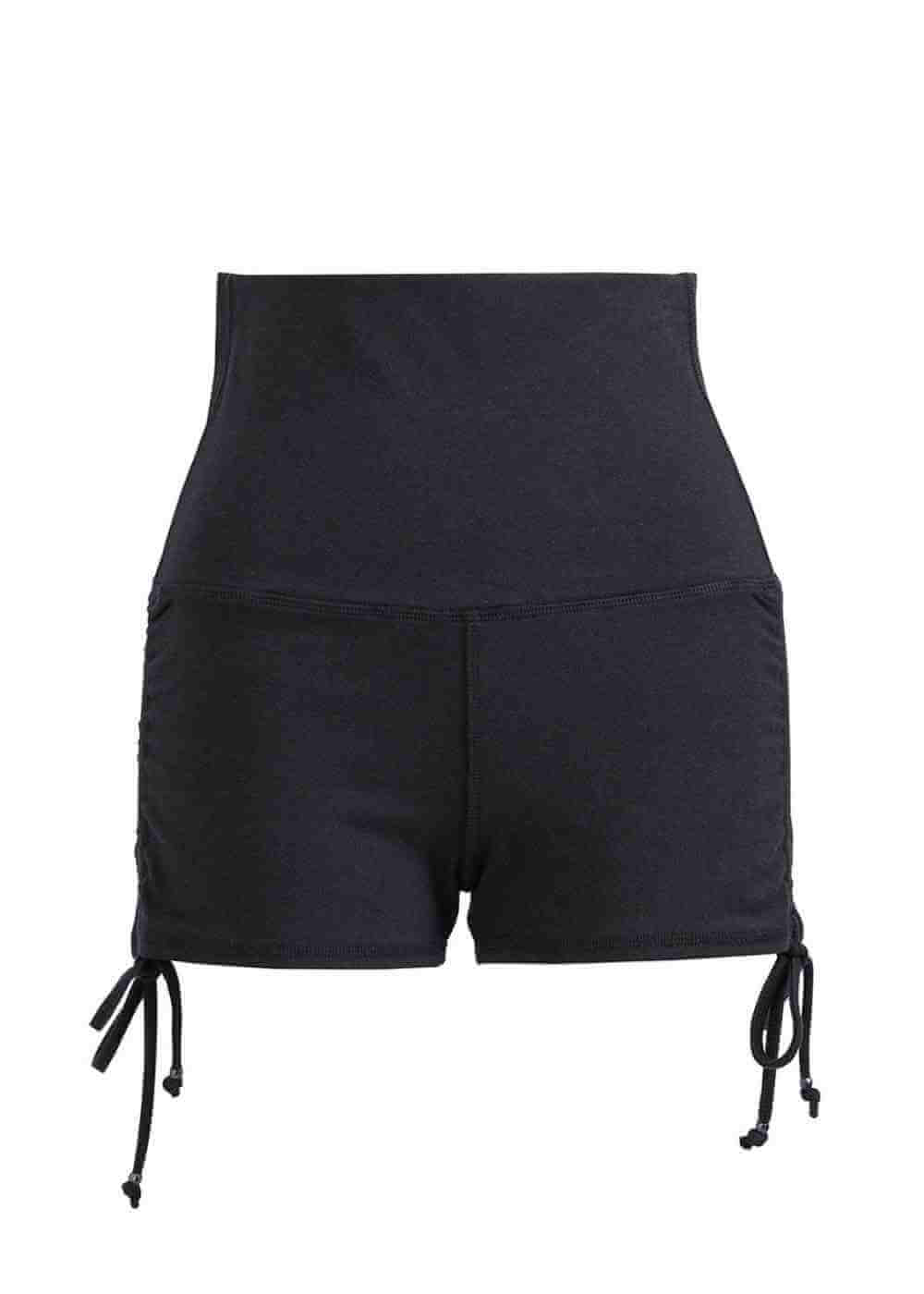 Black shorts with drawstrings on a white background