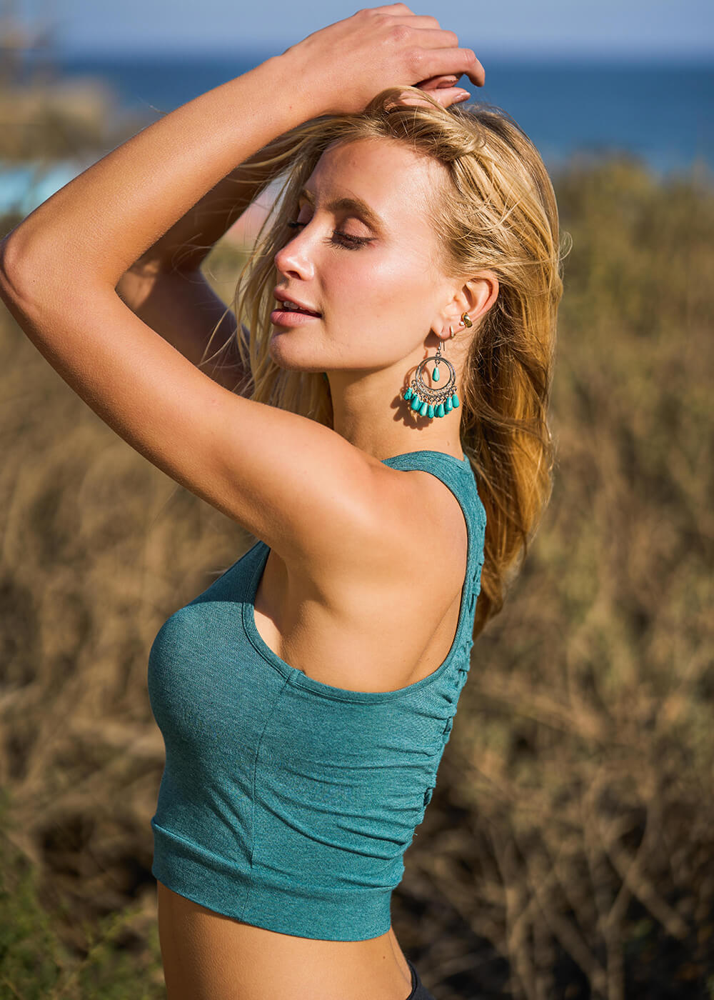 ember crop tank in bamboo with lacing detail in the back