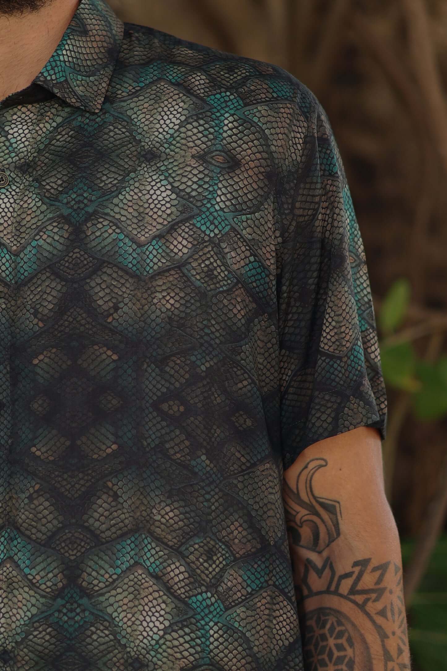 mens button up bamboo shirt with emerald scale print 