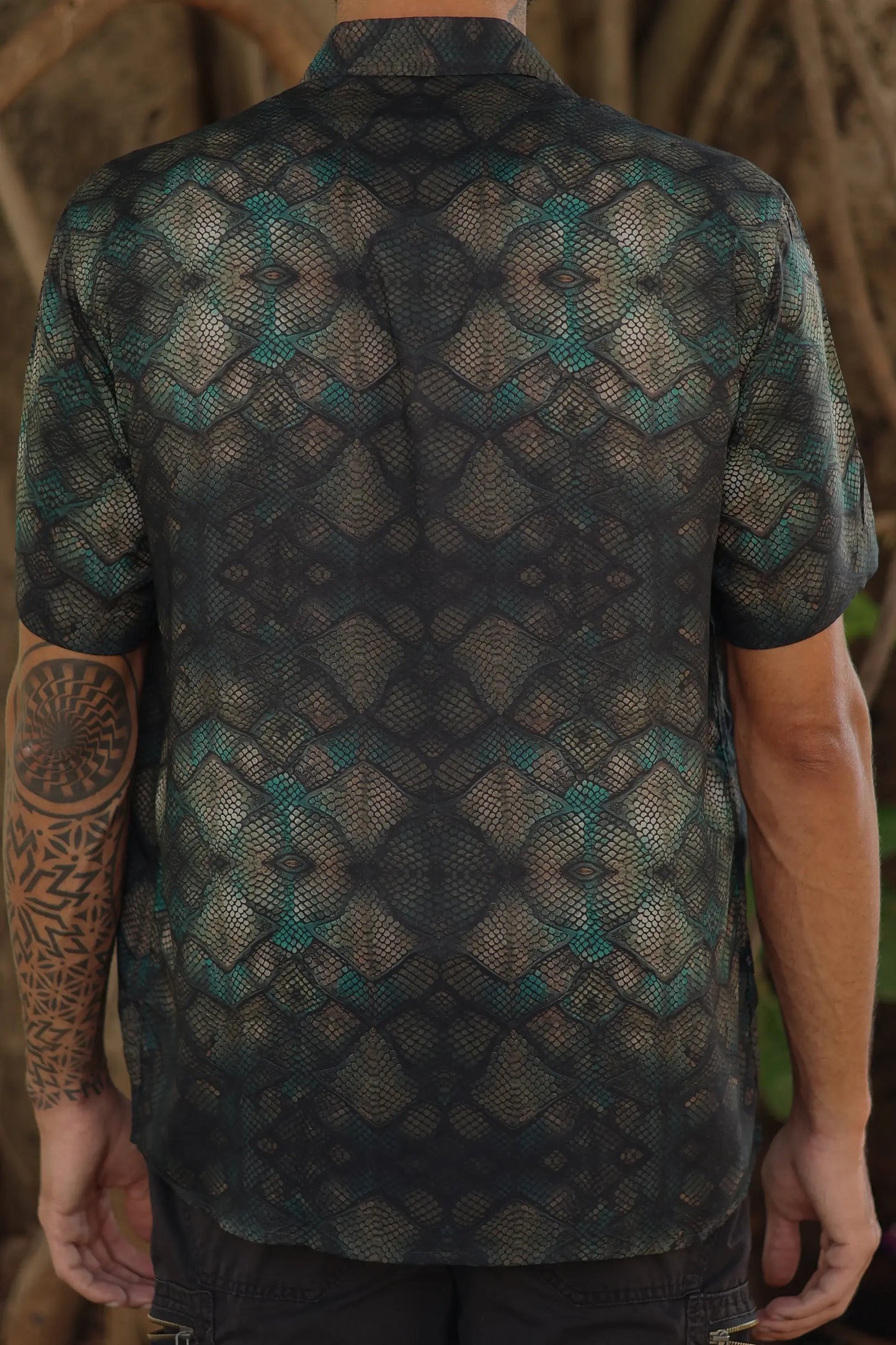 mens button up bamboo shirt with emerald scale print 