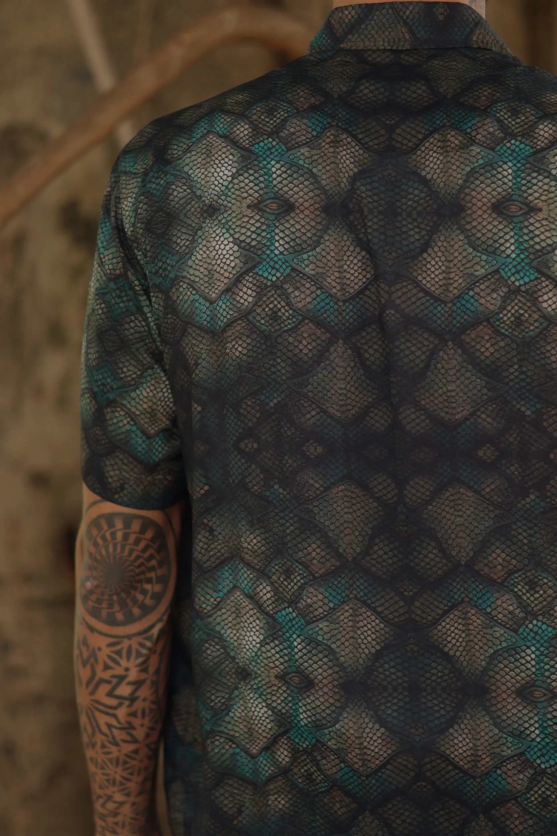 mens button up bamboo shirt with emerald scale print 