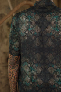 mens button up bamboo shirt with emerald scale print 