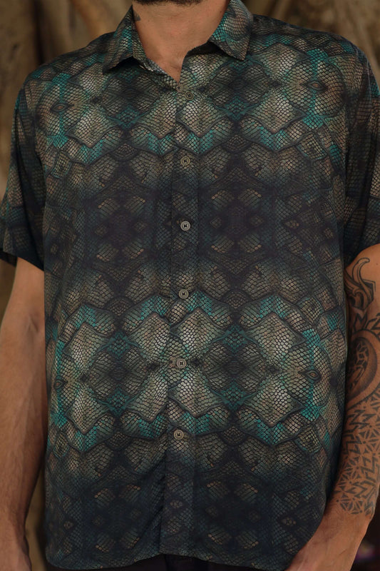 mens button up bamboo shirt with emerald scale print 