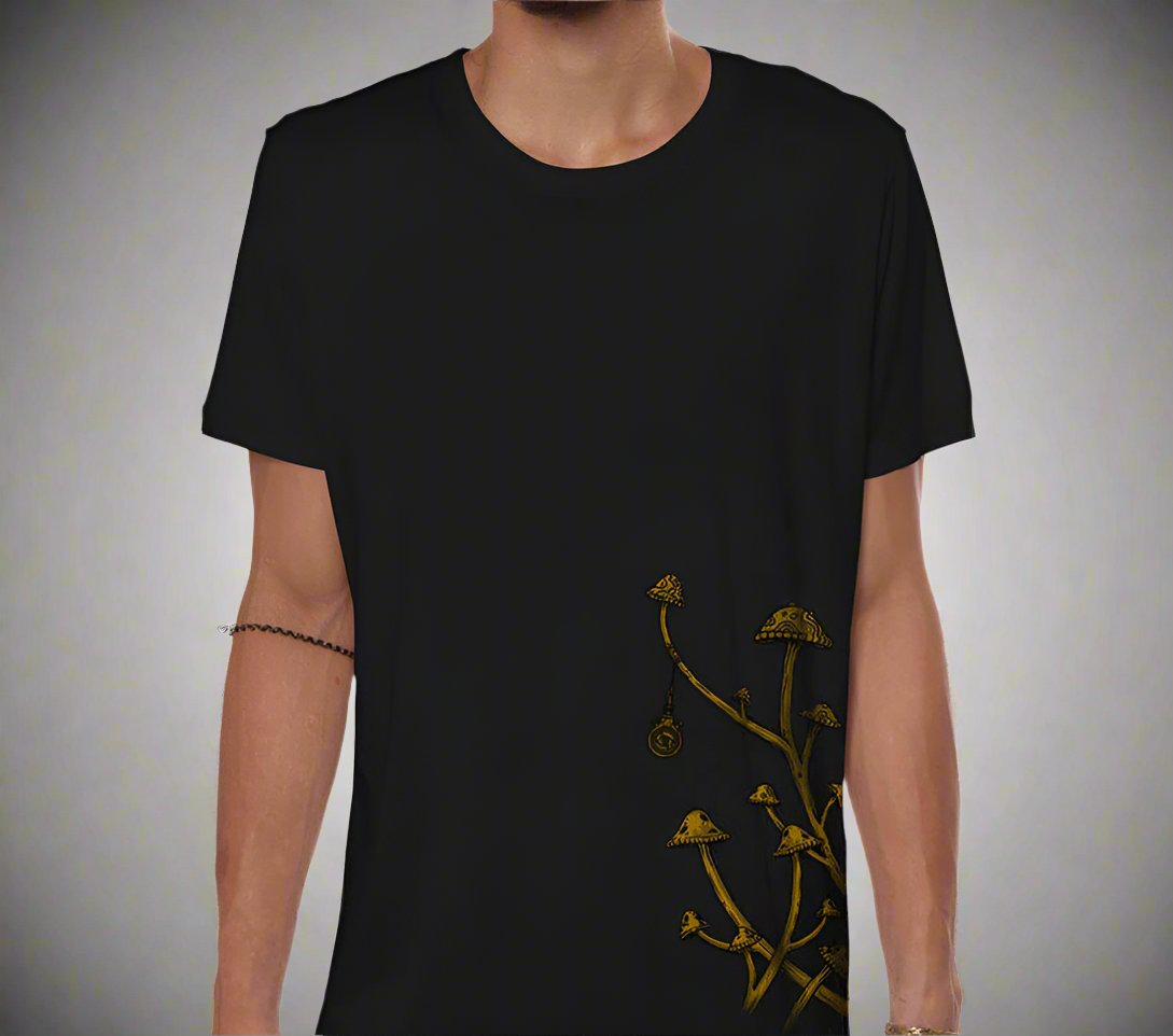 mens tshirt with a jester like character playing the fiddle