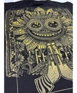 Black t-shirt with yellow intricate design on a white background