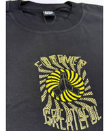 Black t-shirt with yellow graphic design and text on a white background