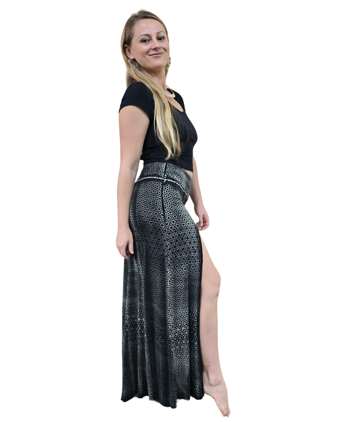 tantrika split front black geometric print skirt