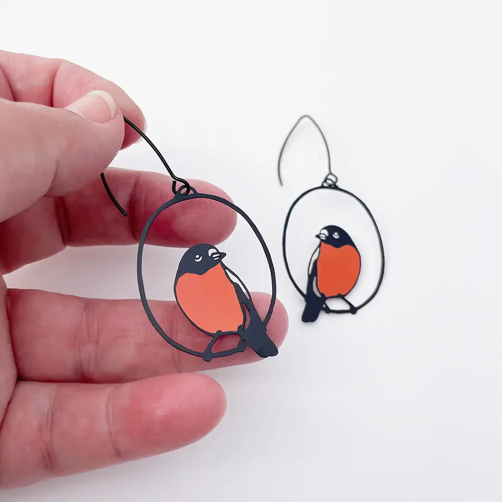 Bird-shaped earrings held by a hand with a white background