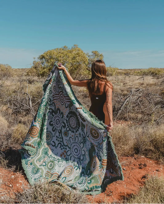 Green Country In Colour Indiginous Art Throw Rug Picnic Blanket Tantrika Australia Sustainable Fashion