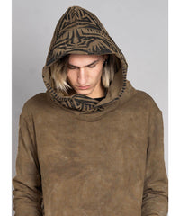 Person wearing a brown hooded sweatshirt with a patterned hood against a gray background