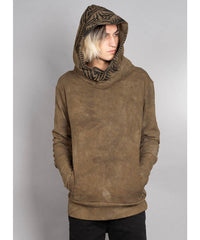 Person wearing a brown suede hoodie against a gray background