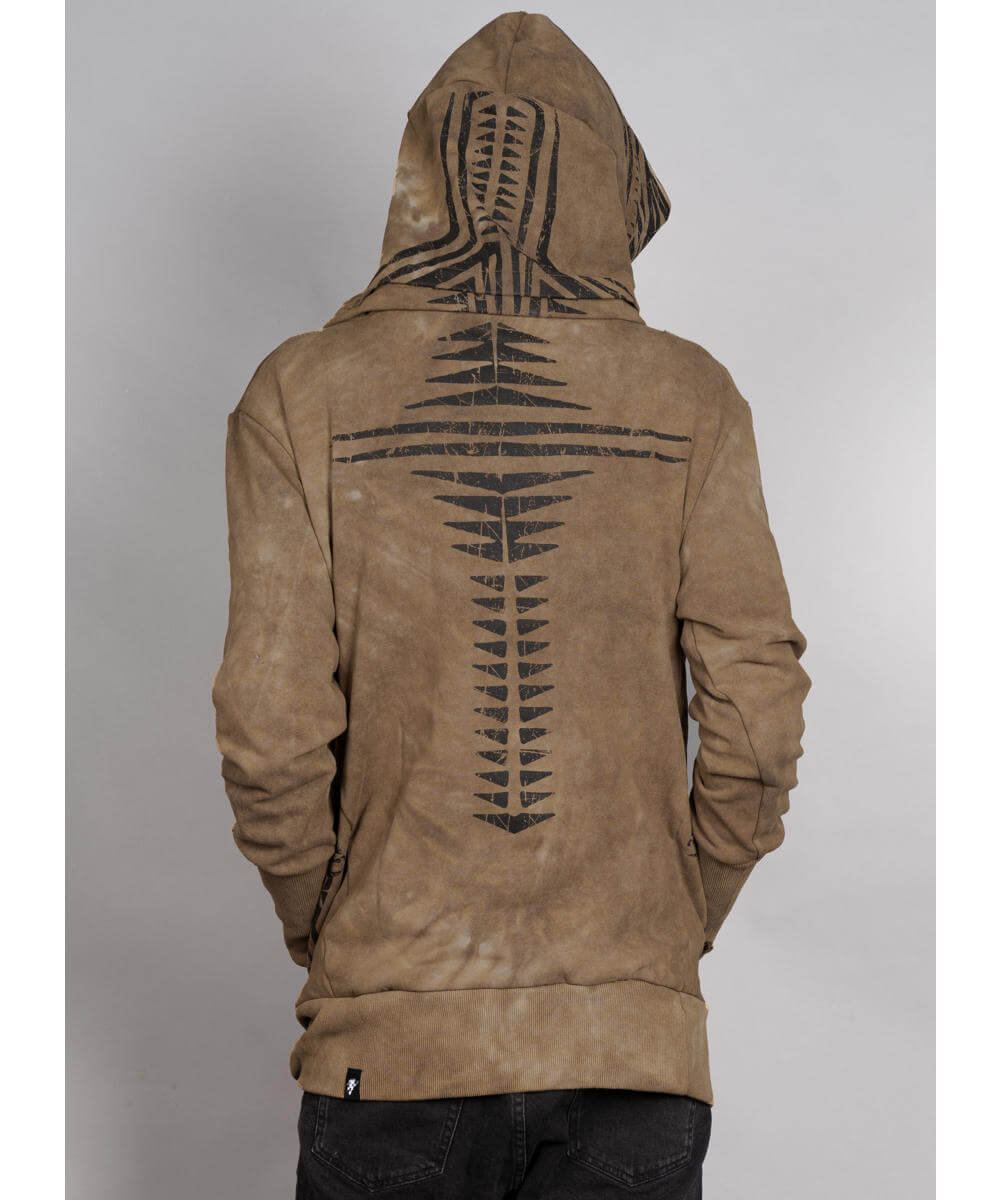 Brown hoodie with unique back design on a gray background