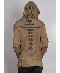Brown hoodie with unique back design on a gray background