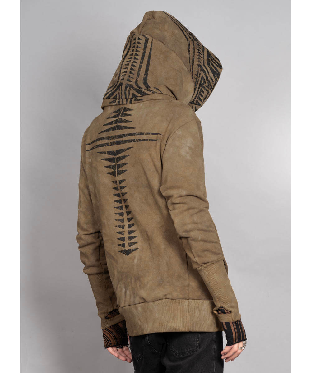 Brown hoodie with tribal patterns on a gray background