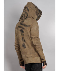Brown hoodie with tribal patterns on a gray background