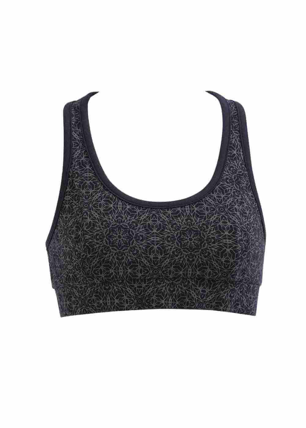 Black sports bra with geometric pattern on a white background