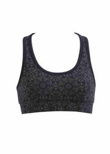 Black sports bra with geometric pattern on a white background