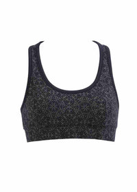 Black sports bra with geometric pattern on a white background
