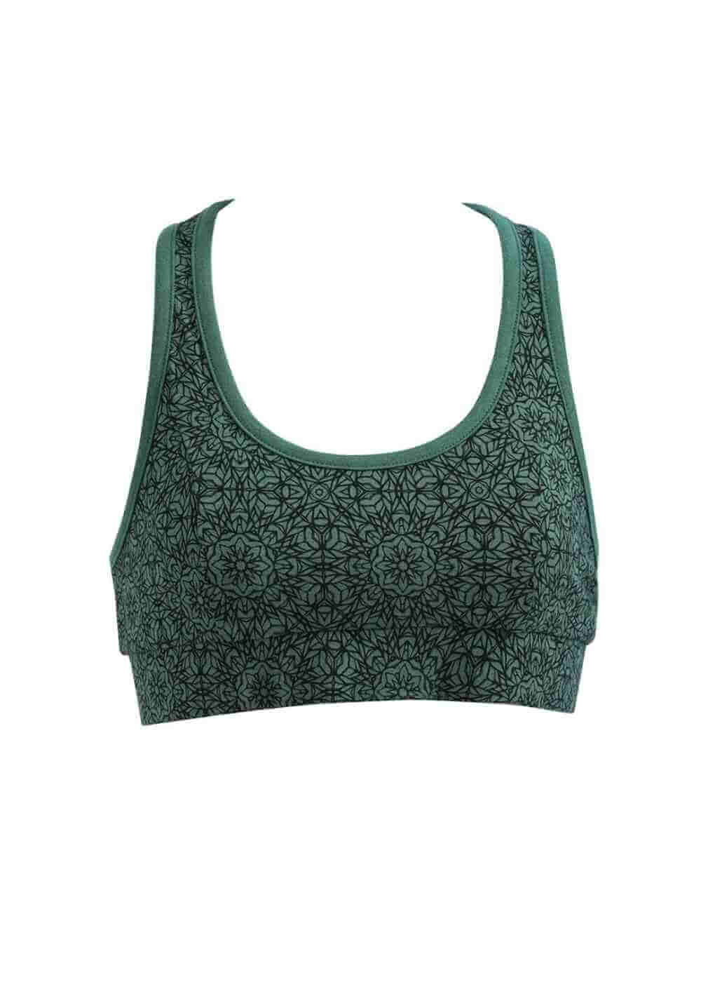 Green patterned sports bra on a white background