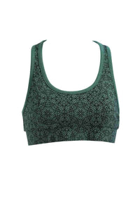 Green patterned sports bra on a white background