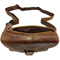 Brown leather bag with a strap on a white background