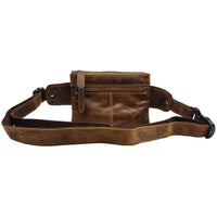 Brown leather waist bag with a strap on a white background