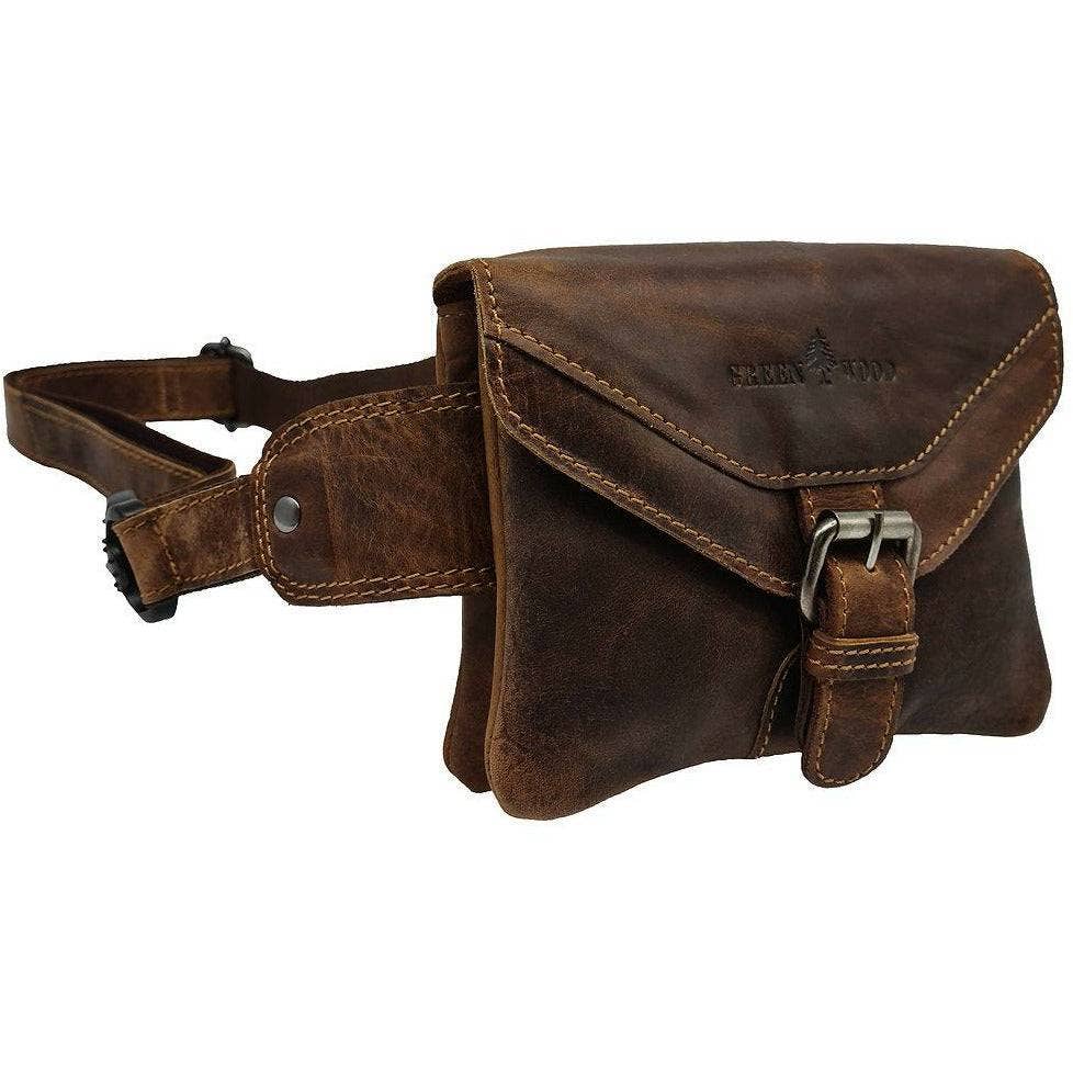 Brown leather waist bag with strap on a white background